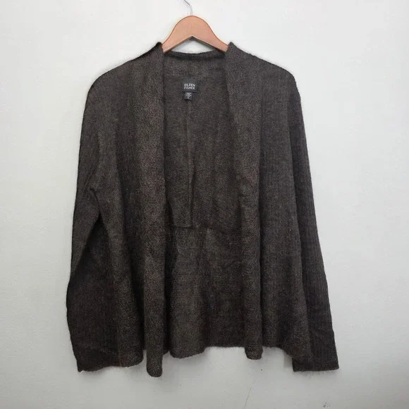 Eileen Fisher‎ Mohair Wool Blend Cardigan Sweater Knit Open Front Dark Brown M - Picture 2 of 8